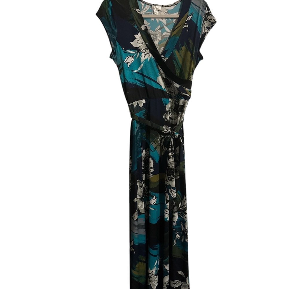 Olivia Matthews Wrap Maxi Dress Green and Blue V-Neck Casual